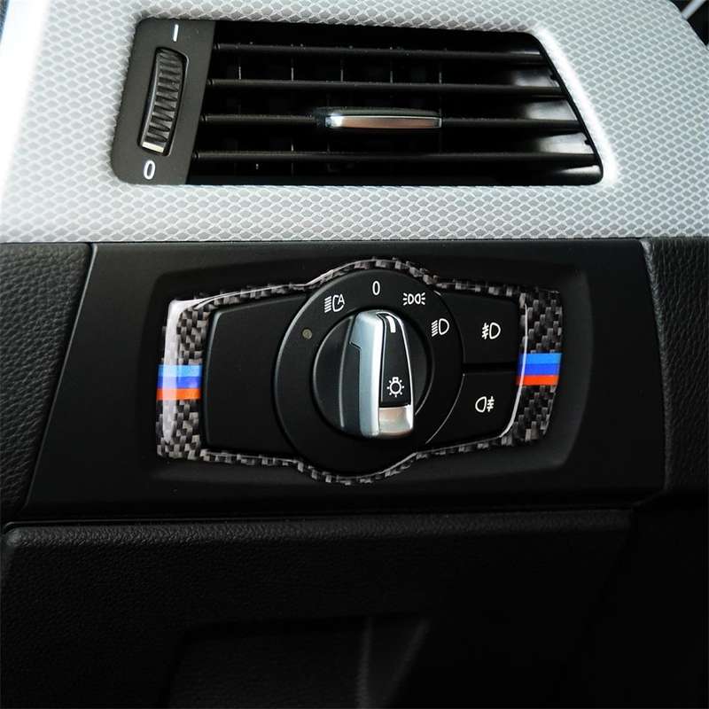 Three Color Carbon Fiber Car Headlight Switch Decorative Sticker for BMW E90 / E92 / E93 2005-2012