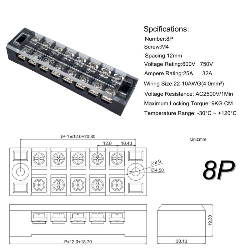 5 PCS Car 8-way 25A TB-2508 Dual Row Power Terminal Connector + 8-position Connection Strip with Cov