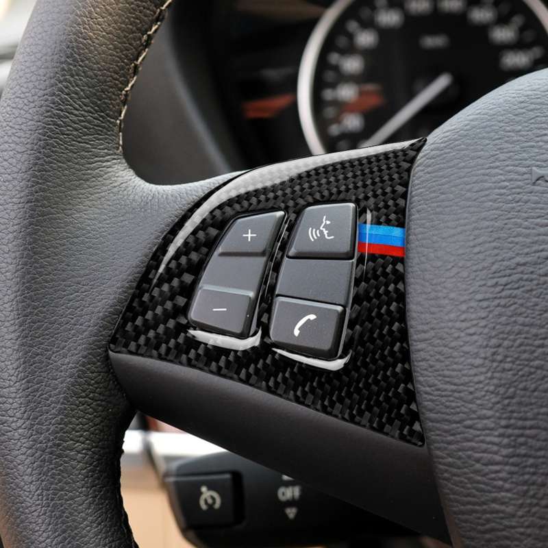2 in 1 Car Carbon Fiber Tricolor Steering Wheel Buttons Decorative Sticker for BMW E70 X5 2008-2013,