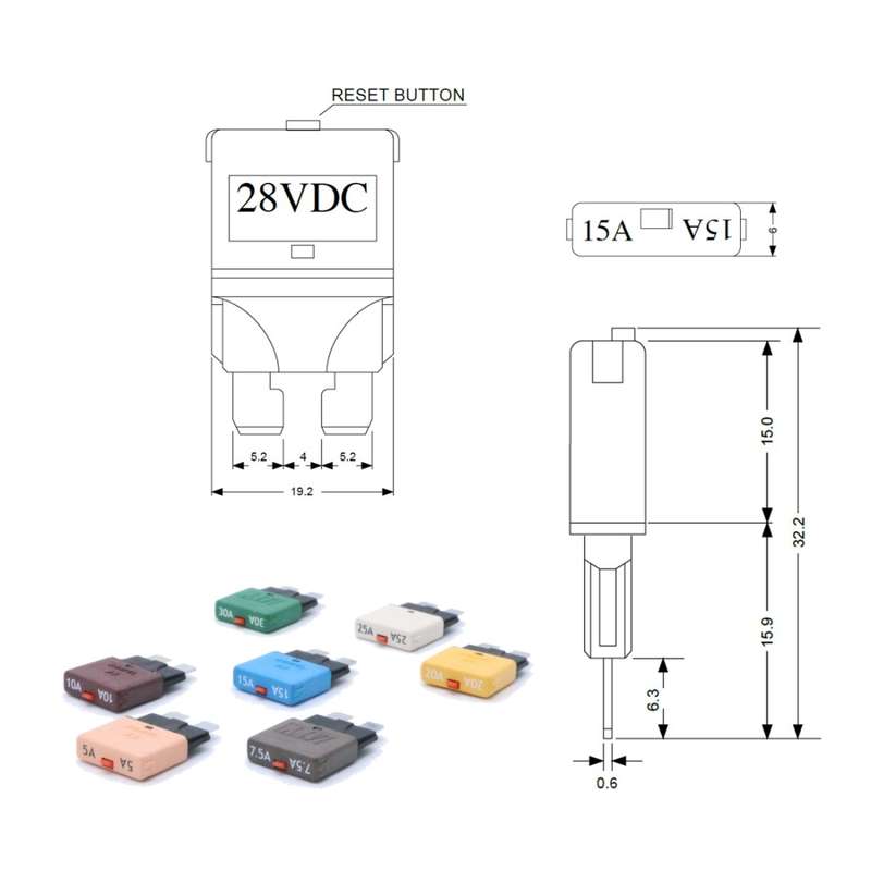 25AMP DC28V Circuit Breaker Trip Fuses Standard Blade Fuse Manual Reset