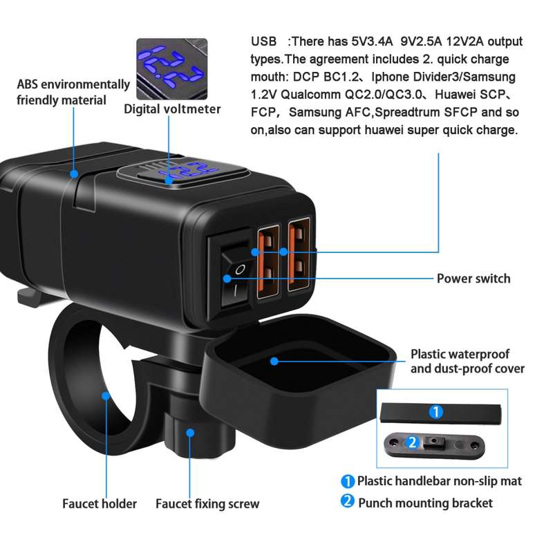 Universal Car Super Quick Dual Port USB Charger Power Outlet Adapter with LED Digital Voltmeter(Blue