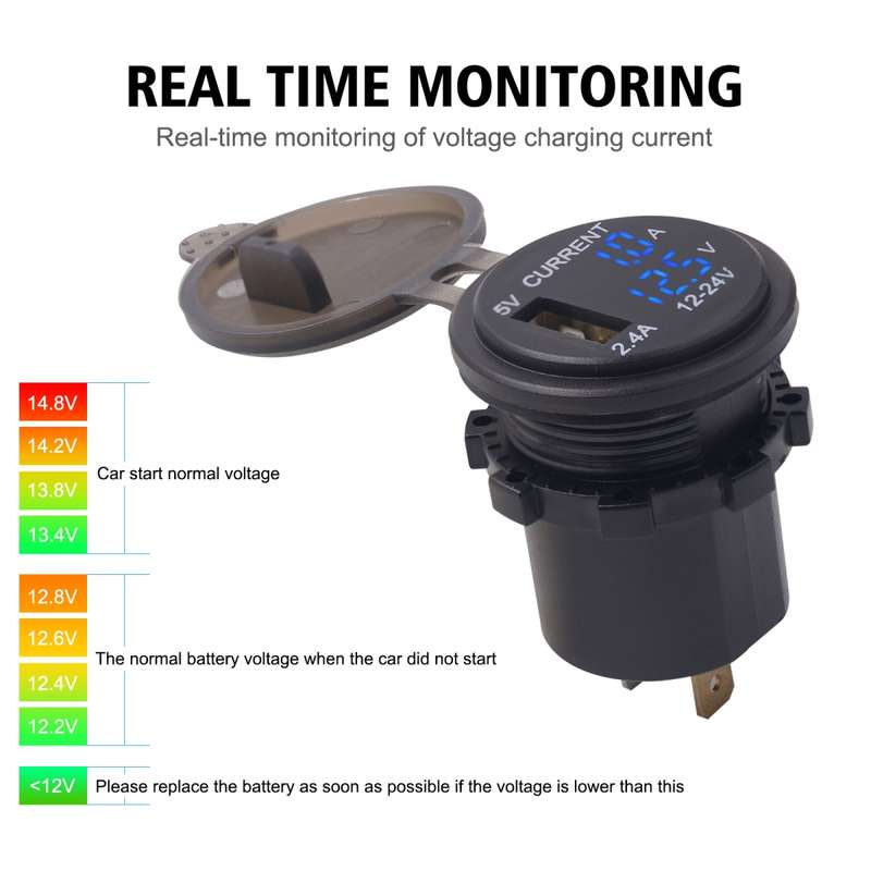 Universal Car Single Port USB Charger Power Outlet Adapter 2.4A 5V IP66 with LED Digital Voltmeter +
