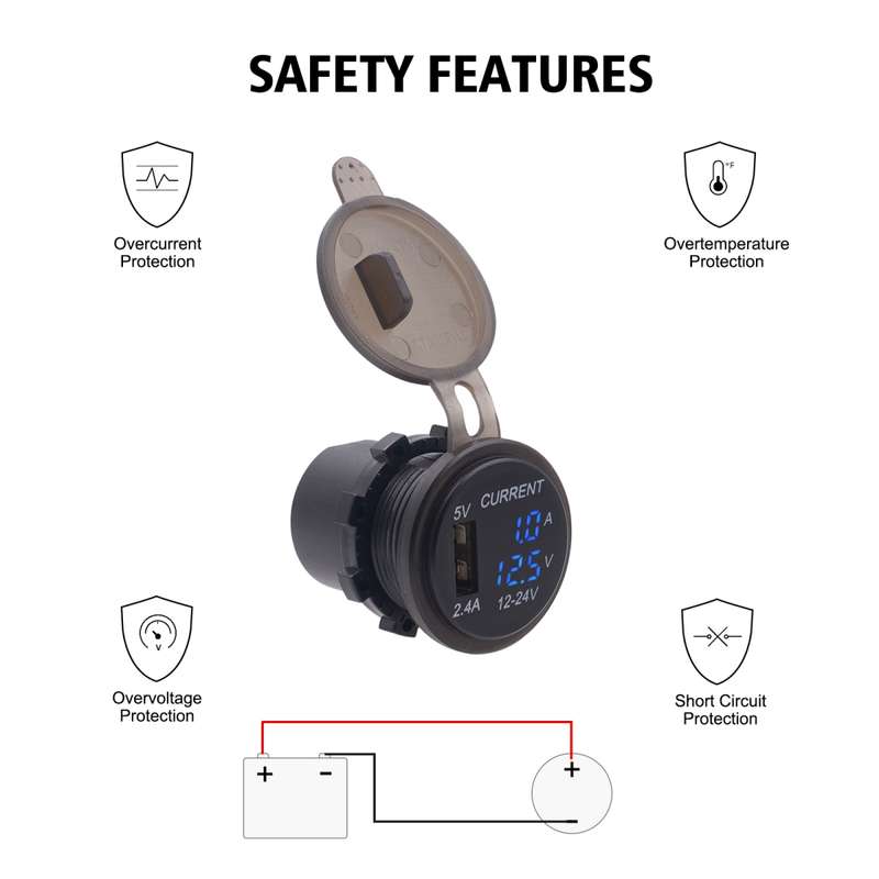 Universal Car Single Port USB Charger Power Outlet Adapter 2.4A 5V IP66 with LED Digital Voltmeter +