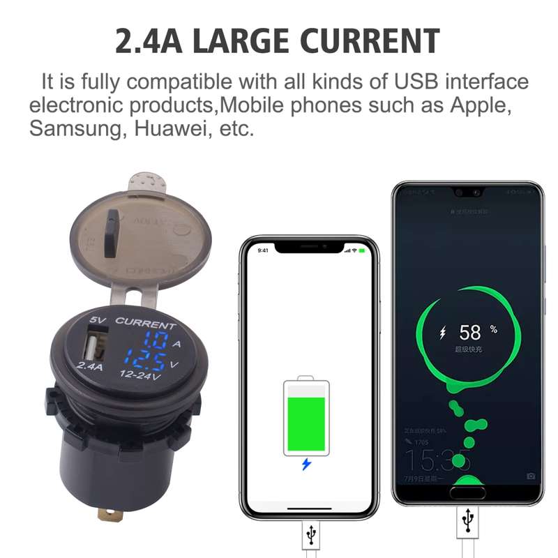 Universal Car Single Port USB Charger Power Outlet Adapter 2.4A 5V IP66 with LED Digital Voltmeter +