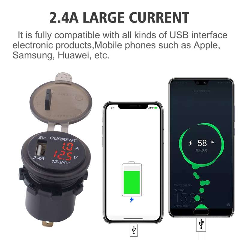 Universal Car Single Port USB Charger Power Outlet Adapter 2.4A 5V IP66 with LED Digital Voltmeter +