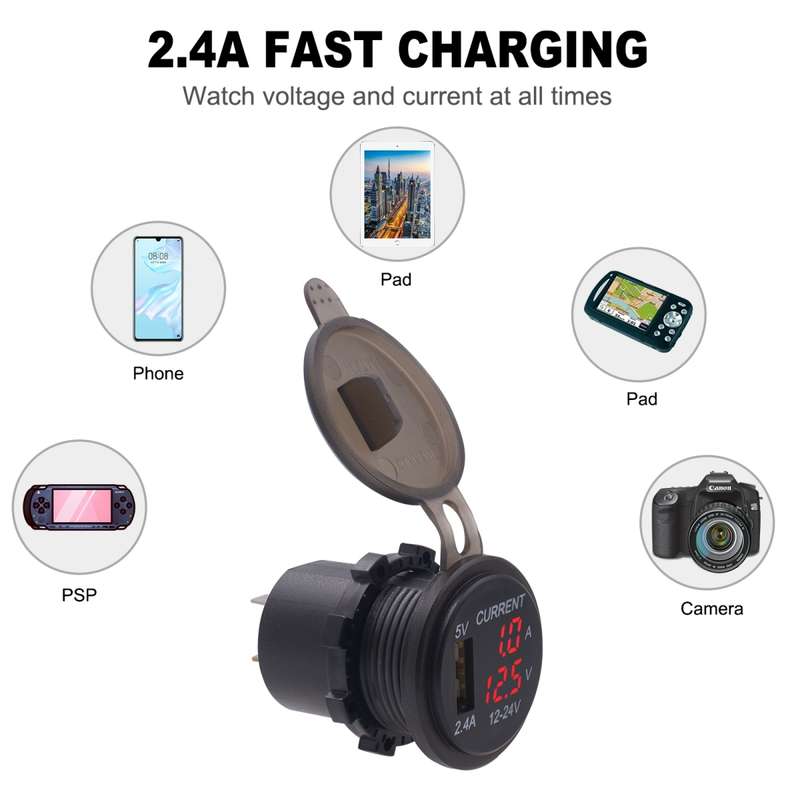 Universal Car Single Port USB Charger Power Outlet Adapter 2.4A 5V IP66 with LED Digital Voltmeter +