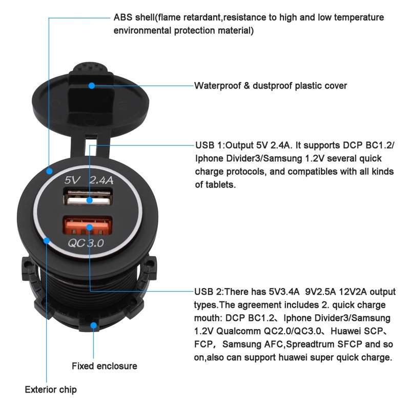 Universal Car QC3.0 Dual Port USB Charger Power Outlet Adapter 5V 2.4A IP66 with 60cm Cable(Blue Lig