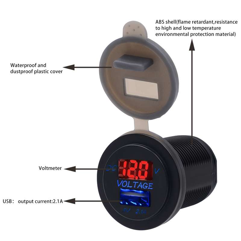 Universal Car Single Port USB Charger Power Outlet Adapter 2.1A 5V IP66 with LED Digital Voltmeter +