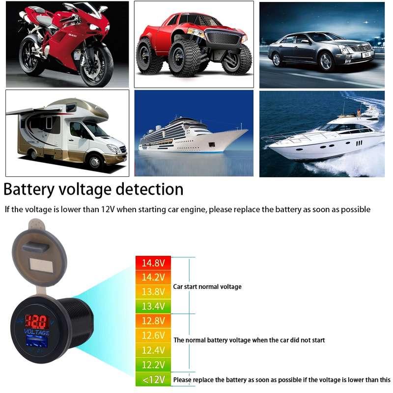 Universal Car Single Port USB Charger Power Outlet Adapter 2.1A 5V IP66 with LED Digital Voltmeter +