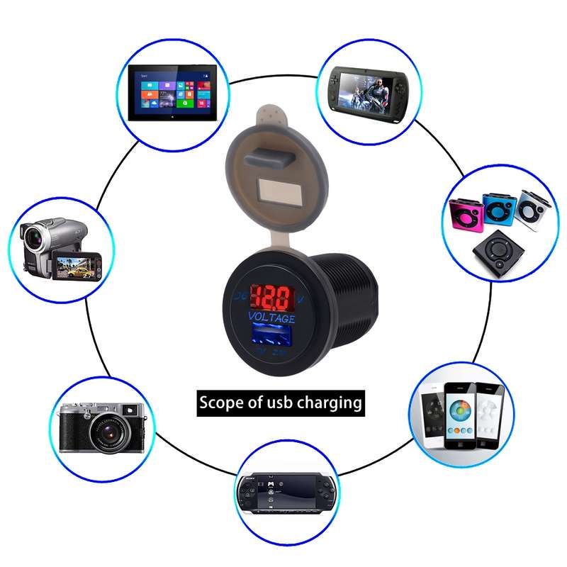 Universal Car Single Port USB Charger Power Outlet Adapter 2.1A 5V IP66 with LED Digital Voltmeter +