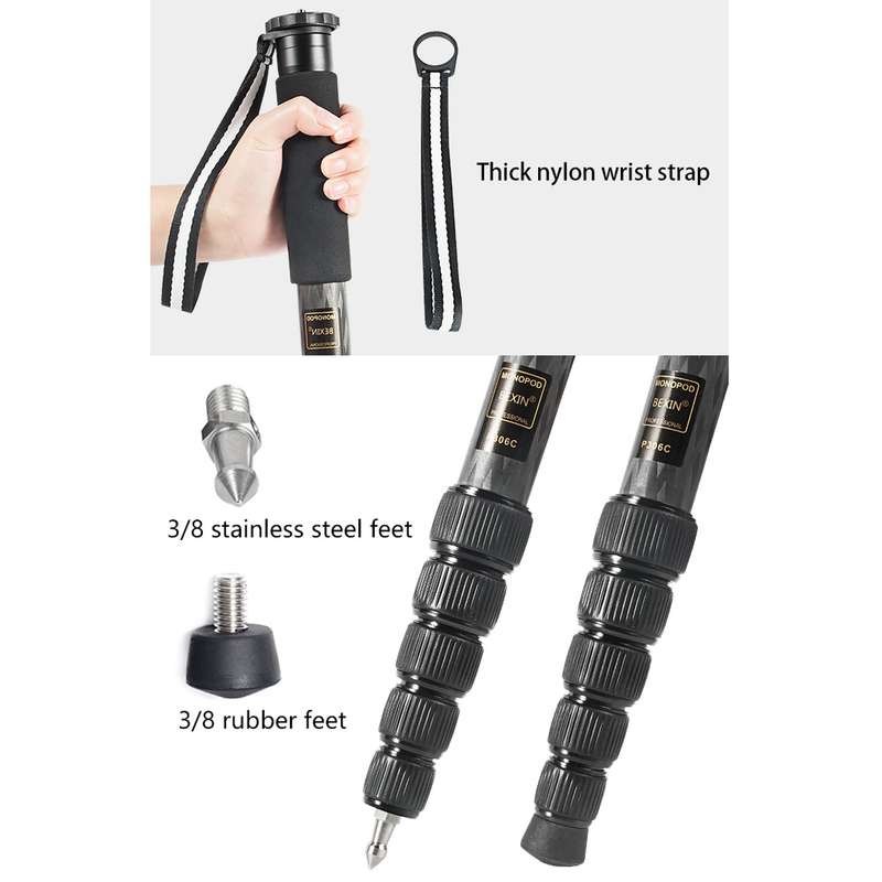 BEXIN P306C Portable Travel Outdoor DSLR Camera Carbon Fiber Monopod Holder (Black)