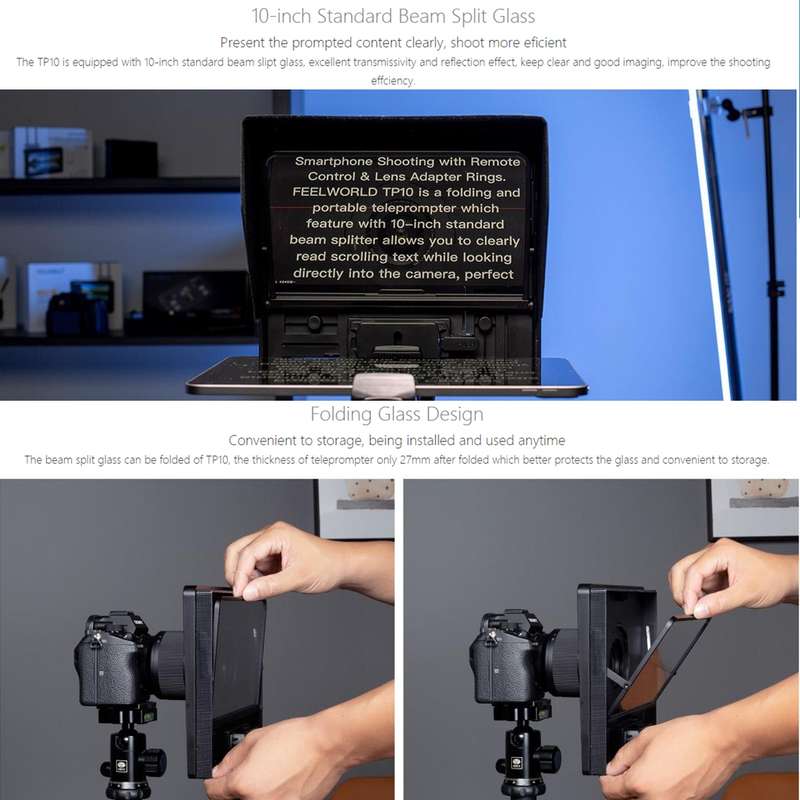 FEELWORLD TP10 Portable 10-inch Folding Teleprompter with Remote Control Lens Adapter Ring For Below