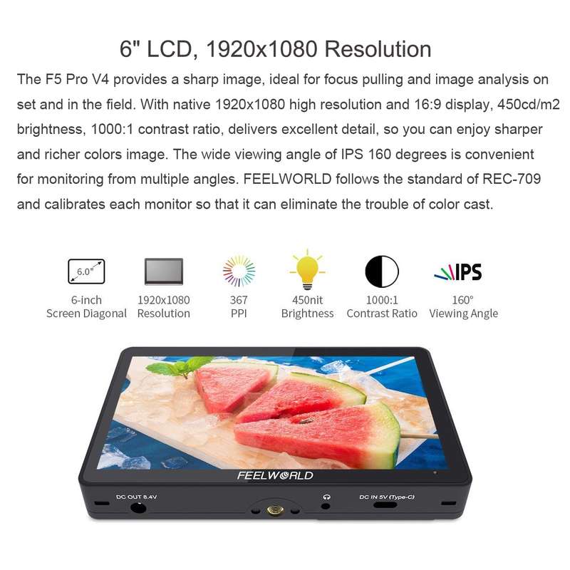 FEELWORLD F5 Pro V4 6 inch Touch Screen DSLR Camera Field Monitor 3D LUT 4K HDMI Input Output Tilt A