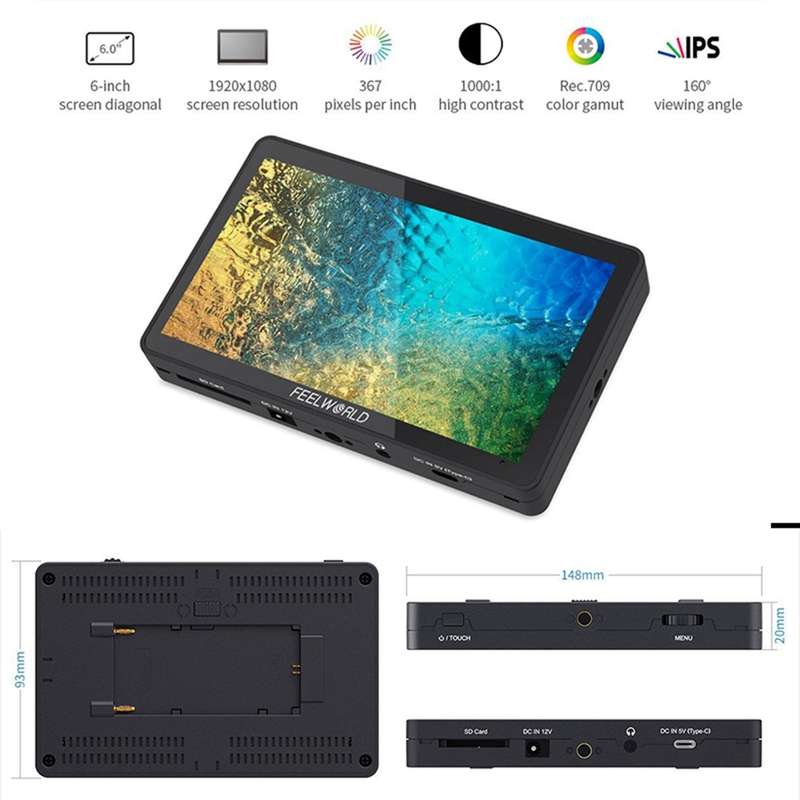 FEELWORLD F5 Pro V4 6 inch Touch Screen DSLR Camera Field Monitor 3D LUT 4K HDMI Input Output Tilt A