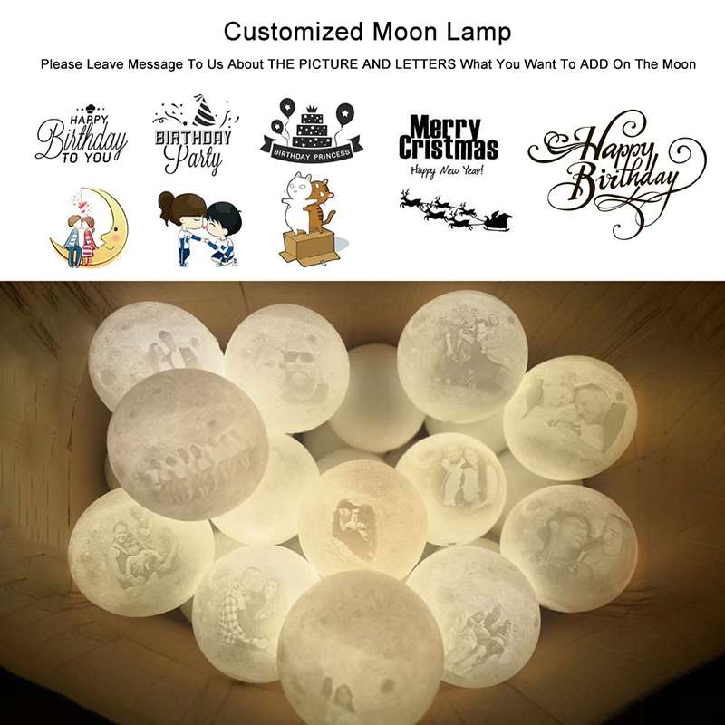 Customized Touch Switch 2-color 3D Print Moon Lamp USB Charging Energy-saving LED Night Light with W