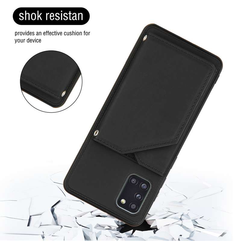 For Samsung Galaxy A31 Skin Feel PU + TPU + PC Back Cover Shockproof Case with Card Slots & Holder &