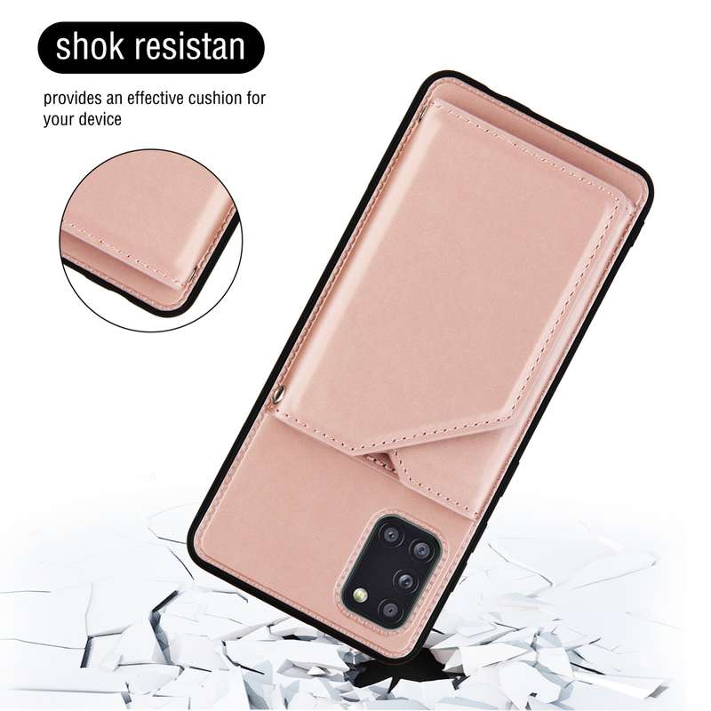 For Samsung Galaxy A31 Skin Feel PU + TPU + PC Back Cover Shockproof Case with Card Slots & Holder &