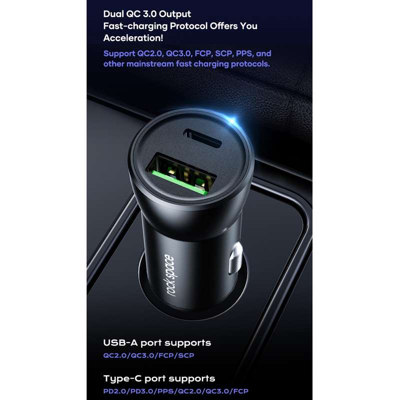 ROCK Space H12 PD 20W Type-C / USB-C + USB Fast Charging Car Charger(Black)