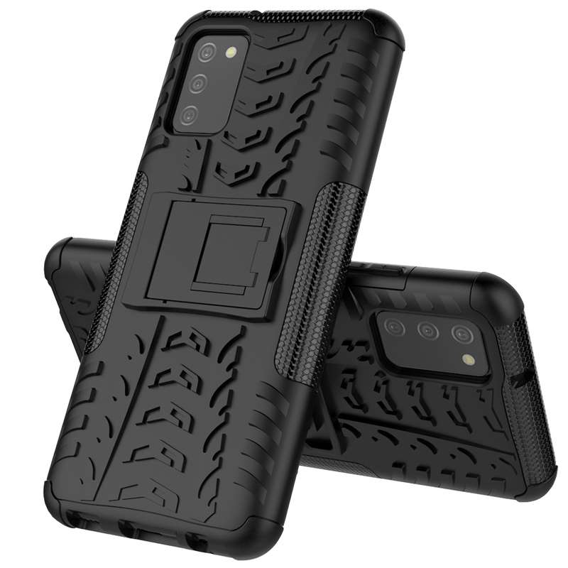 For Samsung Galaxy A02s (EU Version) Tire Texture Shockproof TPU+PC Protective Case with Holder(Blac