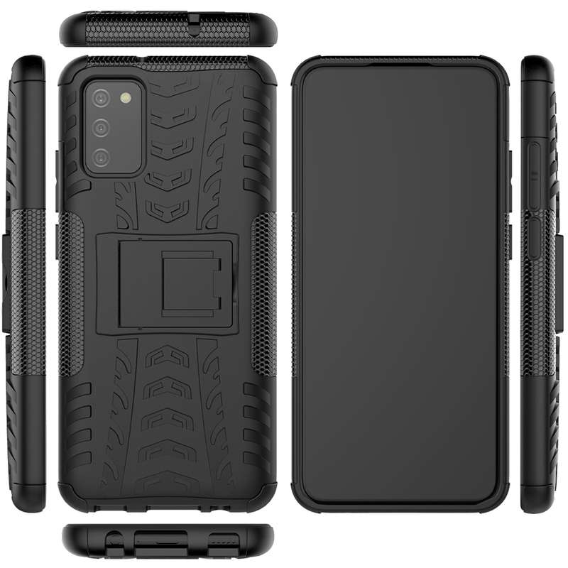 For Samsung Galaxy A02s (EU Version) Tire Texture Shockproof TPU+PC Protective Case with Holder(Blac