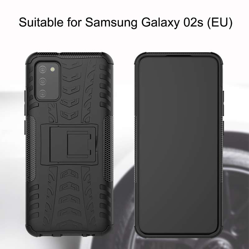 For Samsung Galaxy A02s (EU Version) Tire Texture Shockproof TPU+PC Protective Case with Holder(Blac