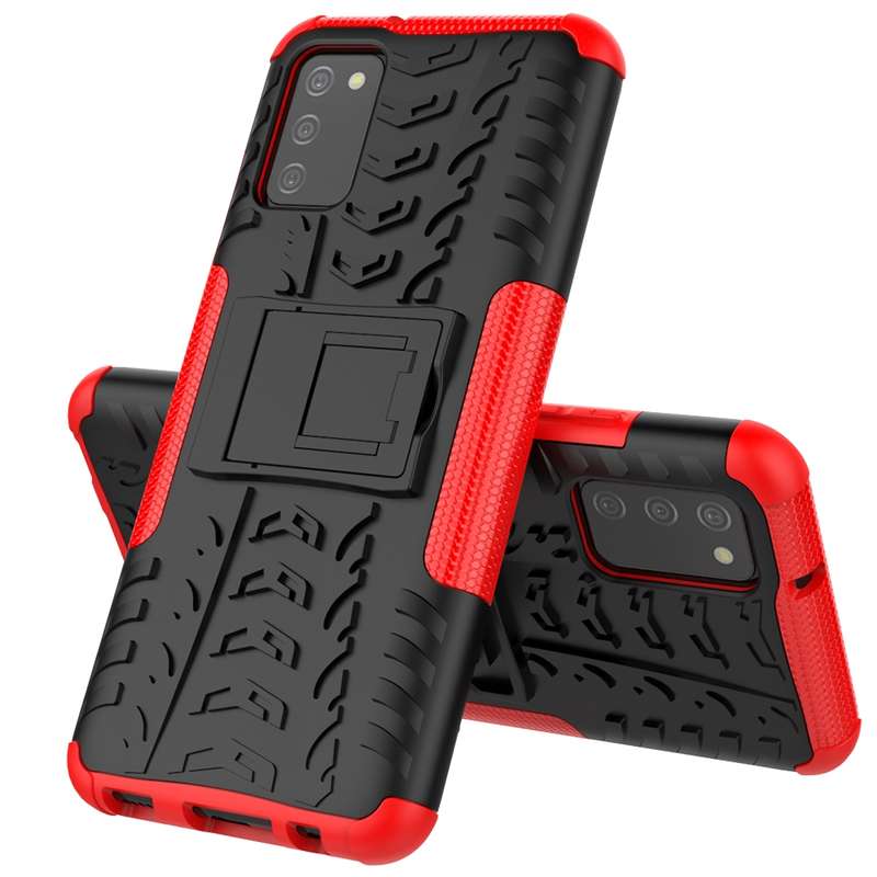 For Samsung Galaxy A02s (EU Version) Tire Texture Shockproof TPU+PC Protective Case with Holder(Blac
