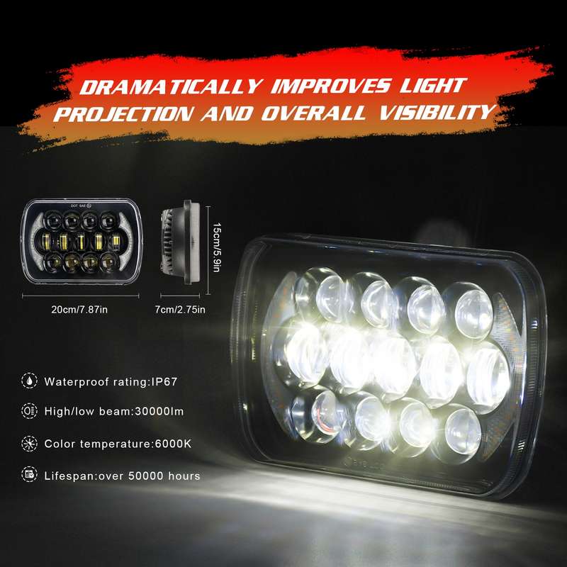 7 inch(5X7)/(7X6) H4 DC 9V-30V 30000LM 300W 8LEDs Car Square Shape LED Headlight Lamps for Jeep Wran