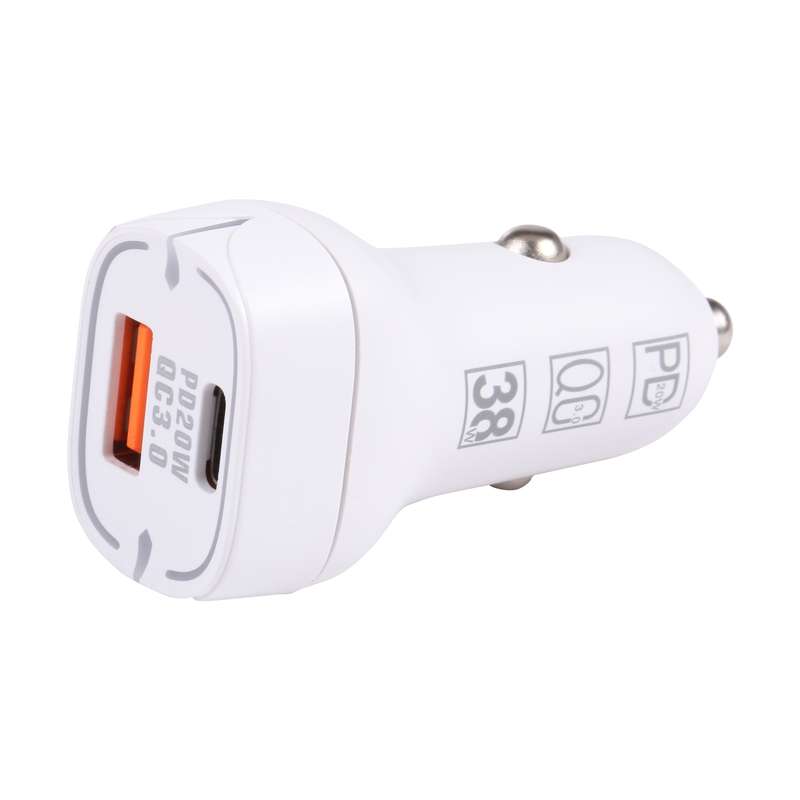 QC USB + USB-C / Type-C Dual Ports Fast Charging Car Charger with Luminous Aperture(White)