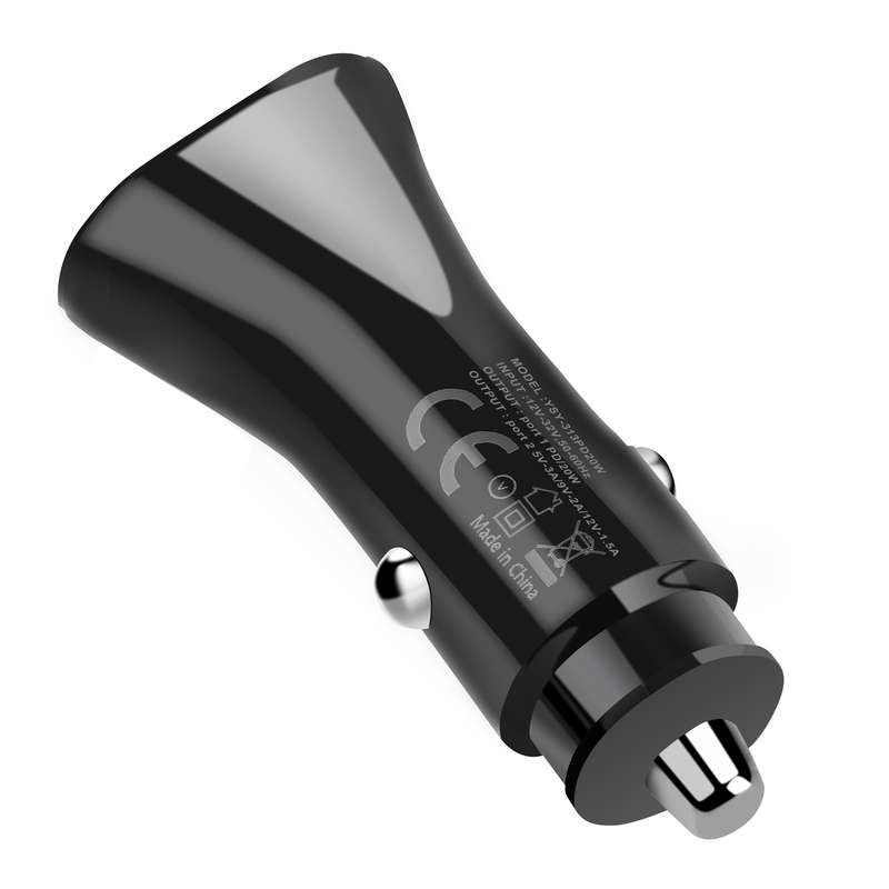 YSY-313PD20W QC3.0 USB + PD 20W USB-C / Type-C Triangle Dual Ports Fast Charging Car Charger(Black)