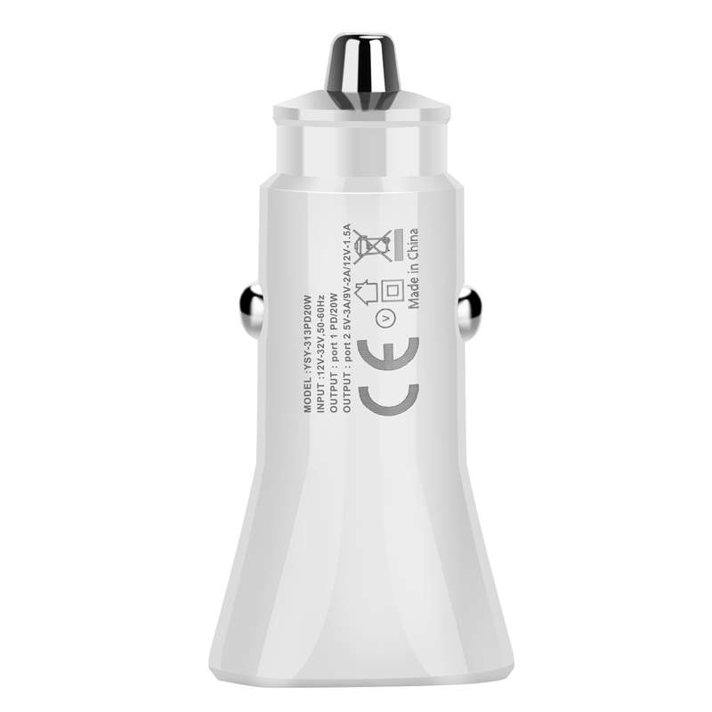 YSY-313PD20W QC3.0 USB + PD 20W USB-C / Type-C Triangle Dual Ports Fast Charging Car Charger(White)