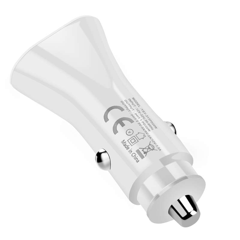YSY-313PD20W QC3.0 USB + PD 20W USB-C / Type-C Triangle Dual Ports Fast Charging Car Charger(White)