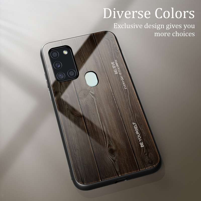 For Samsung Galaxy A21s Wood Grain Tempered Glass + TPU Shockproof Case(M03)