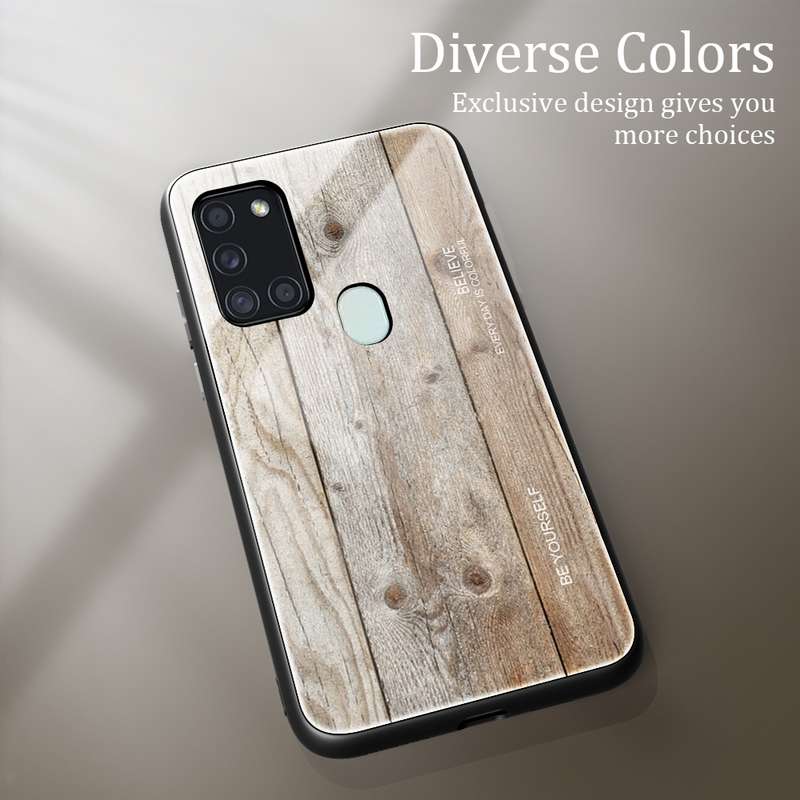 For Samsung Galaxy A21s Wood Grain Tempered Glass + TPU Shockproof Case(M03)