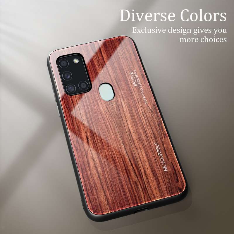 For Samsung Galaxy A21s Wood Grain Tempered Glass + TPU Shockproof Case(M03)