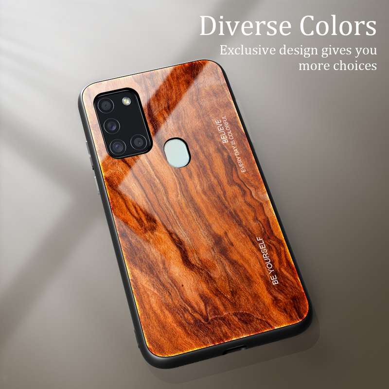 For Samsung Galaxy A21s Wood Grain Tempered Glass + TPU Shockproof Case(M03)