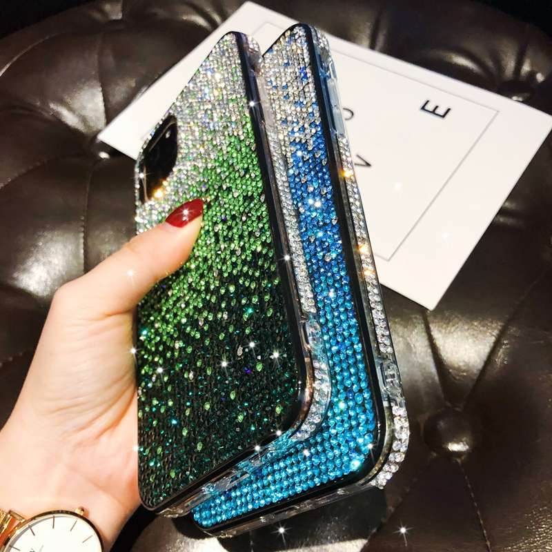 For iPhone 11 Pro Max PC + Crystal Diamond Tri-Color Gradient Protective Case(Gradient Blue)
