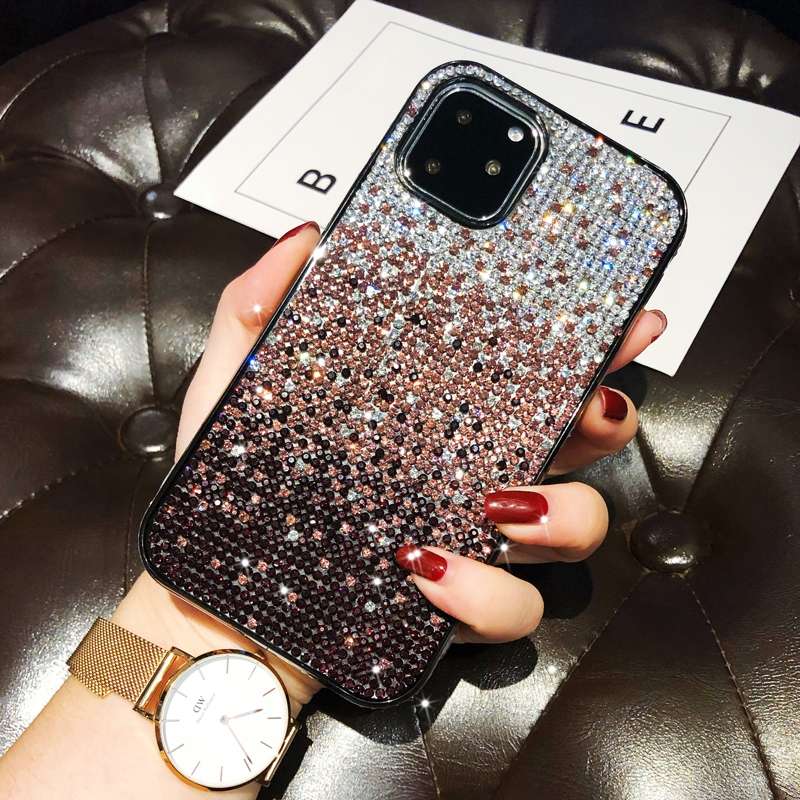 For iPhone 11 Pro Max PC + Crystal Diamond Tri-Color Gradient Protective Case(Gradient Blue)