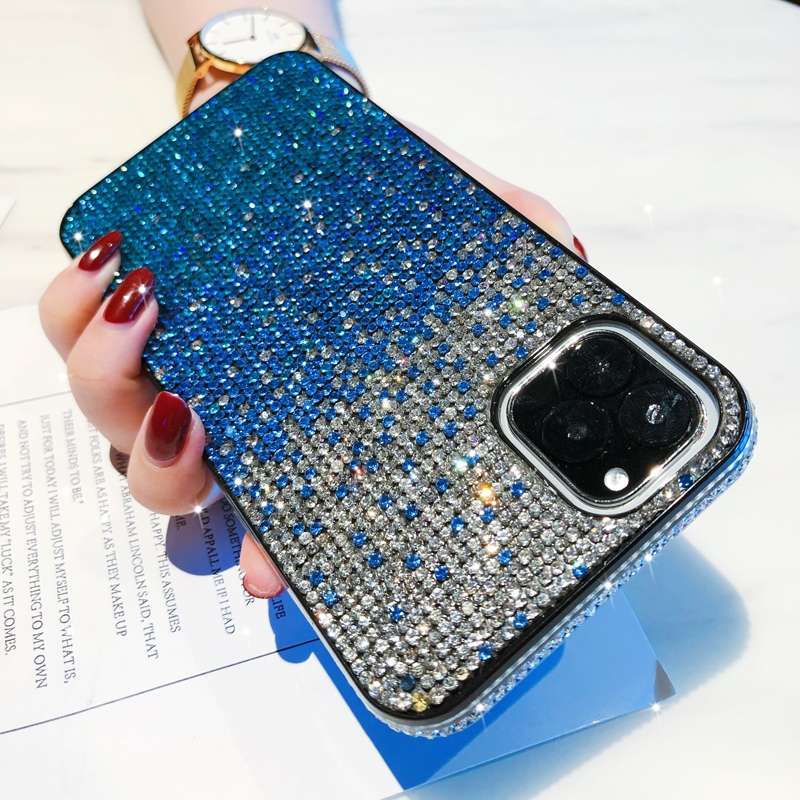 For iPhone 11 Pro Max PC + Crystal Diamond Tri-Color Gradient Protective Case(Gradient Blue)