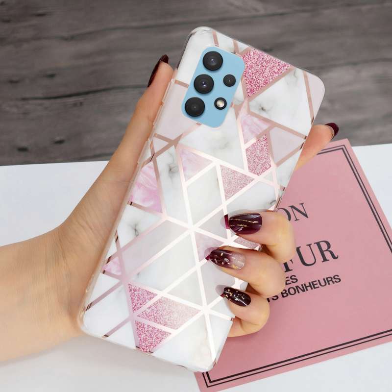 For Samsung Galaxy A32 4G Electroplating TPU Protective Case(Pink White Rhombus)