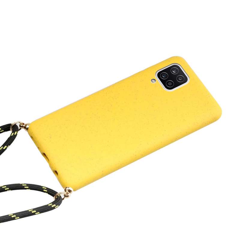 For Samsung Galaxy A12 Wheat Straw Material + TPU Protective Case with Lanyard(Black)