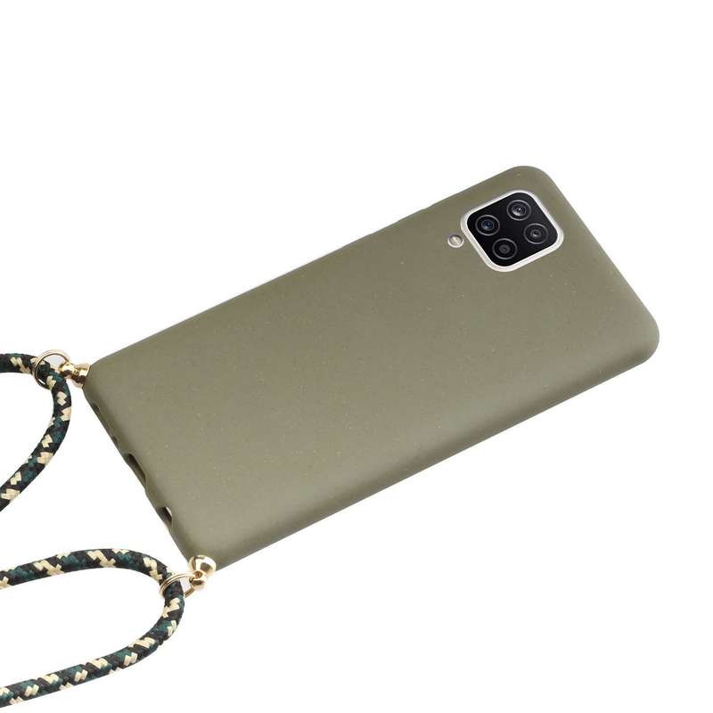 For Samsung Galaxy A12 Wheat Straw Material + TPU Protective Case with Lanyard(Black)