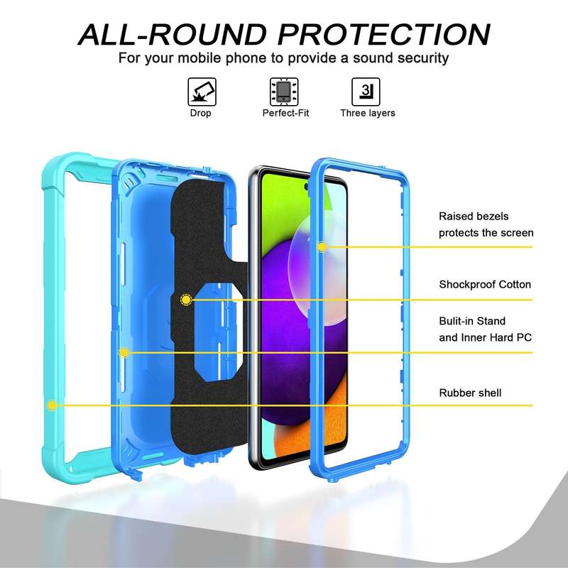 For Samsung Galaxy A52 5G / 4G PC + Rubber 3-layers Shockproof Protective Case with Rotating Holder(