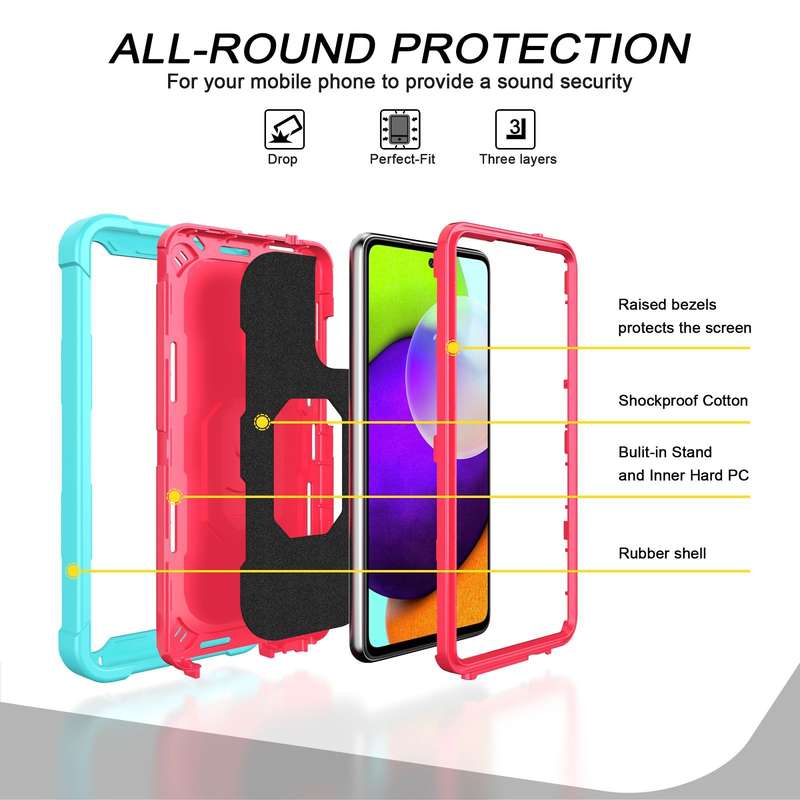 For Samsung Galaxy A52 5G / 4G PC + Rubber 3-layers Shockproof Protective Case with Rotating Holder(