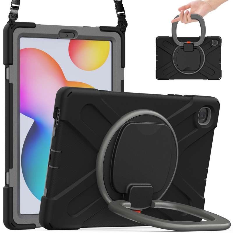 For Samsung Galaxy Tab S6 Lite P610 Silicone + PC Protective Case with Holder & Shoulder Strap(Black