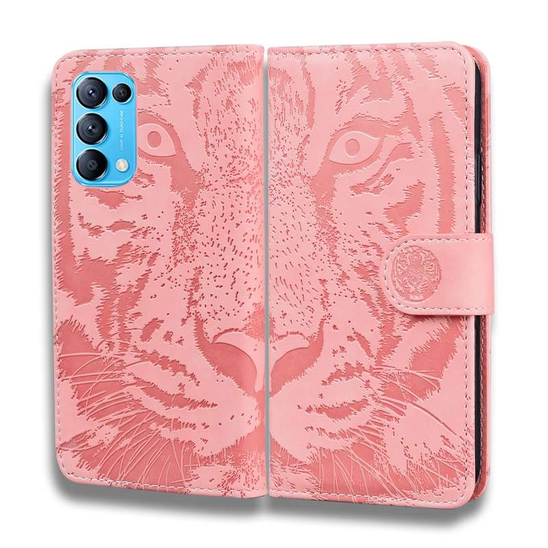 For OPPO Reno 5 4G / Reno 5 5G Tiger Embossing Pattern Horizontal Flip Leather Case with Holder & Ca