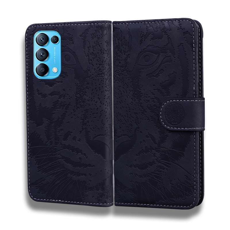 For OPPO Reno 5 4G / Reno 5 5G Tiger Embossing Pattern Horizontal Flip Leather Case with Holder & Ca