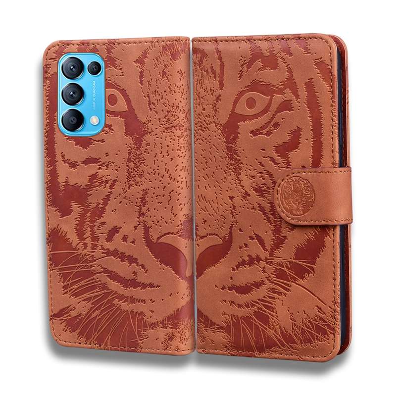 For OPPO Reno 5 4G / Reno 5 5G Tiger Embossing Pattern Horizontal Flip Leather Case with Holder & Ca