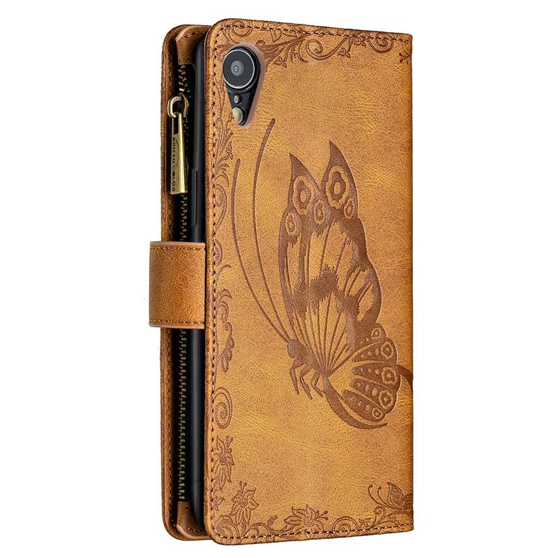 For iPhone XR Flying Butterfly Embossing Pattern Zipper Horizontal Flip Leather Case with Holder & C