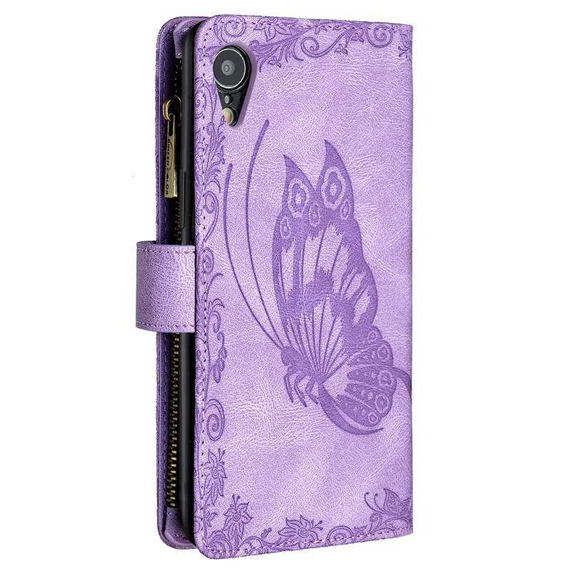 For iPhone XR Flying Butterfly Embossing Pattern Zipper Horizontal Flip Leather Case with Holder & C