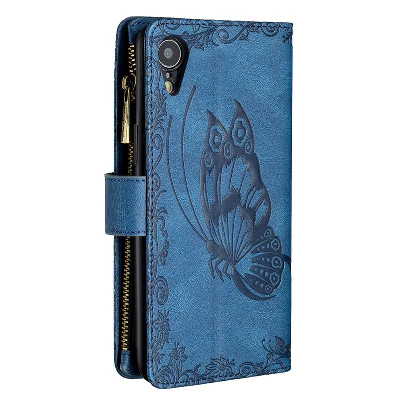 For iPhone XR Flying Butterfly Embossing Pattern Zipper Horizontal Flip Leather Case with Holder & C